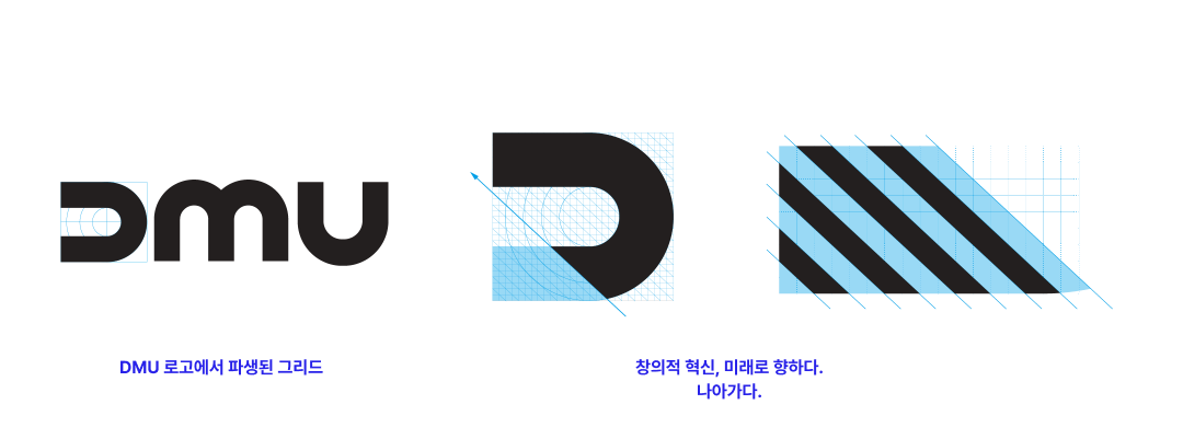 DMU 로고에서 파생된 그리드 DMU, 창의적 혁신, 미래로 향하다. 나아가다.