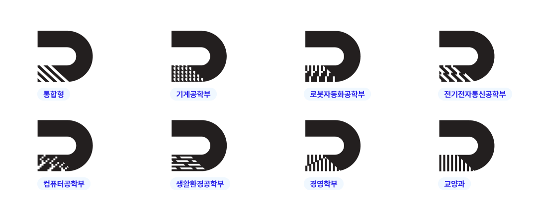 통합형, 기계공학부, 로봇자동화공학부, 전기전자통신공학부, 컴퓨터공학부, 생활환경공학부, 경영학부, 교양과 의 학부별 심볼