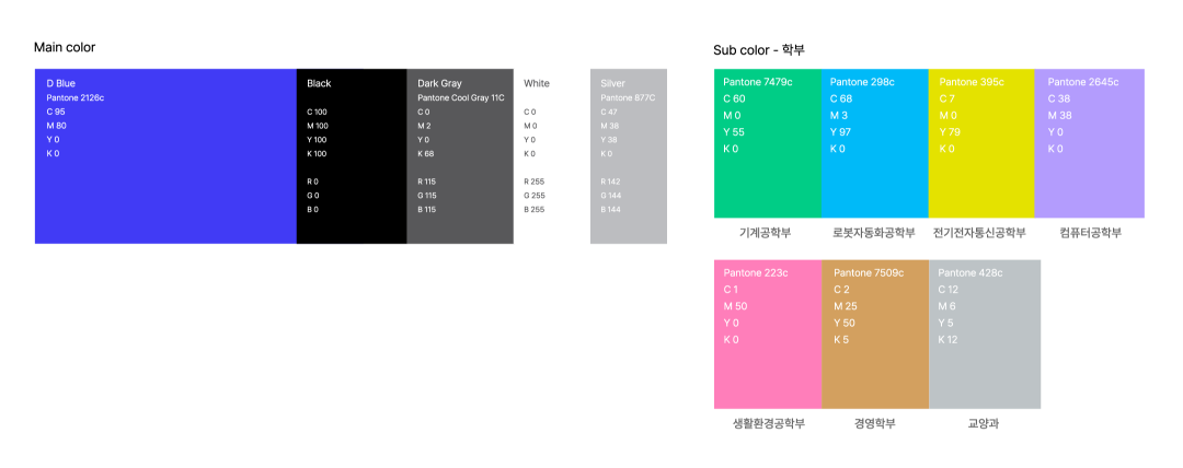 D Blue (Pantone 2126c) CMYK: C 95, M 80, Y 0, K 0 RGB: R 0, G 0, B 184 Black CMYK: C 100, M 100, Y 100, K 100 RGB: R 0, G 0, B 0 Dark Gray (Pantone Cool Gray 11C) CMYK: C 0, M 2, Y 0, K 68 RGB: R 115, G 115, B 115 White CMYK: C 0, M 0, Y 0, K 0 RGB: R 255, G 255, B 255 Silver (Pantone 877C) CMYK: C 47, M 38, Y 38, K 0 RGB: R 142, G 144, B 144 부서별 색상 기계공학부 (Pantone 7479c) CMYK: C 60, M 0, Y 55, K 0 로봇제어공학부 (Pantone 298c) CMYK: C 68, M 3, Y 97, K 0 전기전자공학부 (Pantone 395c) CMYK: C 7, M 0, Y 79, K 0 컴퓨터공학부 (Pantone 2645c) CMYK: C 38, M 38, Y 0, K 0 생명화학공학부 (Pantone 223c) CMYK: C 1, M 50, Y 0, K 0 융합학부 (Pantone 7509c) CMYK: C 2, M 25, Y 50, K 5 조선학 (Pantone 428c) CMYK: C 12, M 6, Y 5, K 12