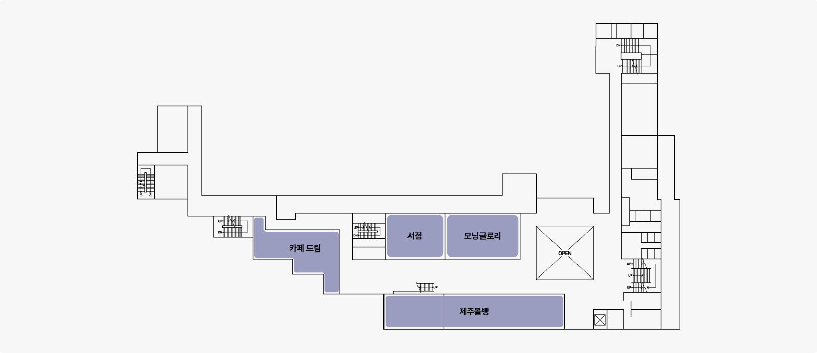 카페 드림, 서점, 모닝글로리, 제주물빵으로 구성되어 있습니다.