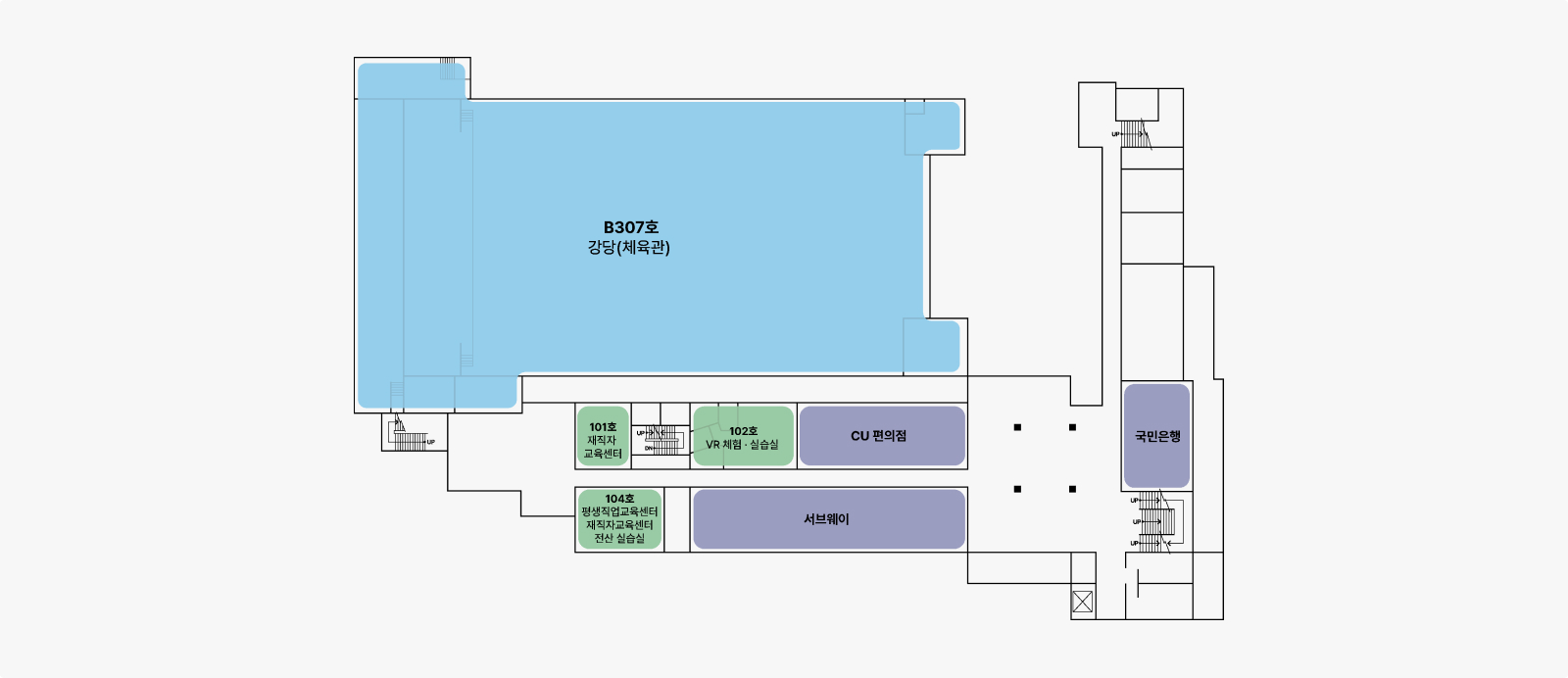 B307호 강당(체육관), 101호 제작자 교육센터, 102호 VR 체험·실습실, 104호 평생직업교육센터 및 제작자교육센터 전산 실습실, CU 편의점, 서브웨이, 국민은행으로 구성되어 있습니다.