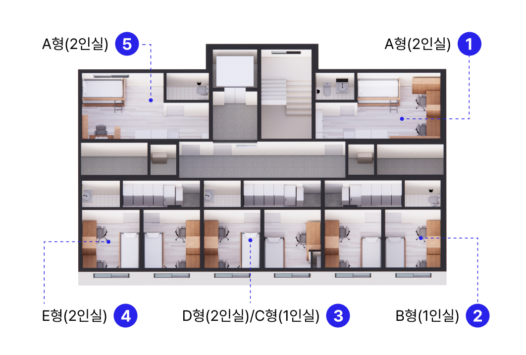 1. A형(2인실) 2. B형(1인실) 3.D형(2인실)/C형(1인실) 4.E형(2인실) 5.A형(2인실)