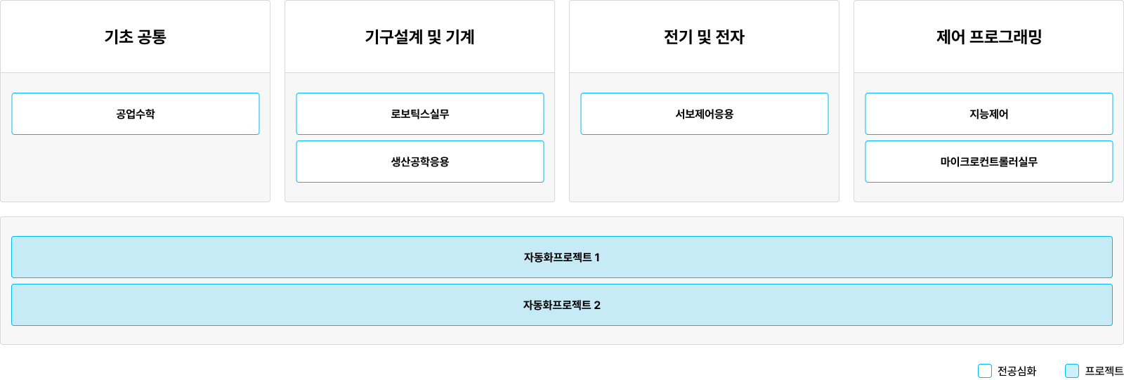 기초 공통: 공업수학. 기구설계 및 기계: 로보틱스실무, 생산공학응용. 전기 및 전자: 서보제어응용. 제어 프로그래밍: 지능제어, 마이크로컨트롤러실무. 자동화프로젝트 1, 자동화프로젝트 2.
