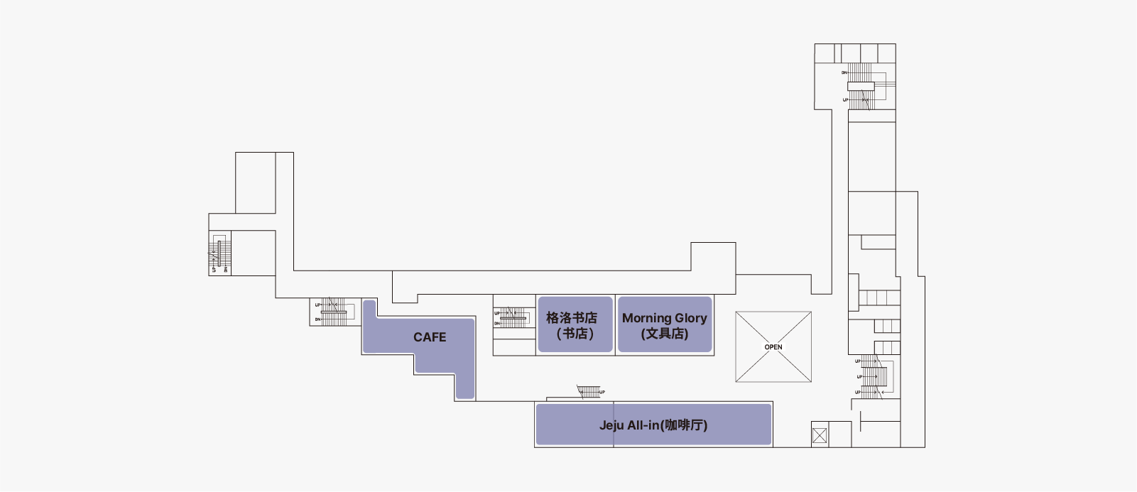카페 드림, 서점, 모닝글로리, 제주물빵으로 구성되어 있습니다.