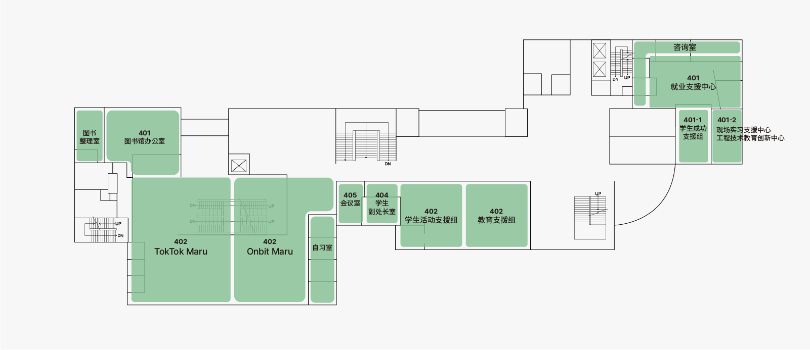 건물 4층에는 도서 정리실, 도서관 사무실, 독톡마루, 온빛마루, 스터디룸, 회의실, 학생부 작성실, 학생활동지원팀, 교육지원팀, 취업지원센터, 학생성공지원팀, 현장실습 지원센터, 교육혁신센터, 상담실이 위치하며, 중앙의 계단과 엘리베이터로 접근이 가능합니다.