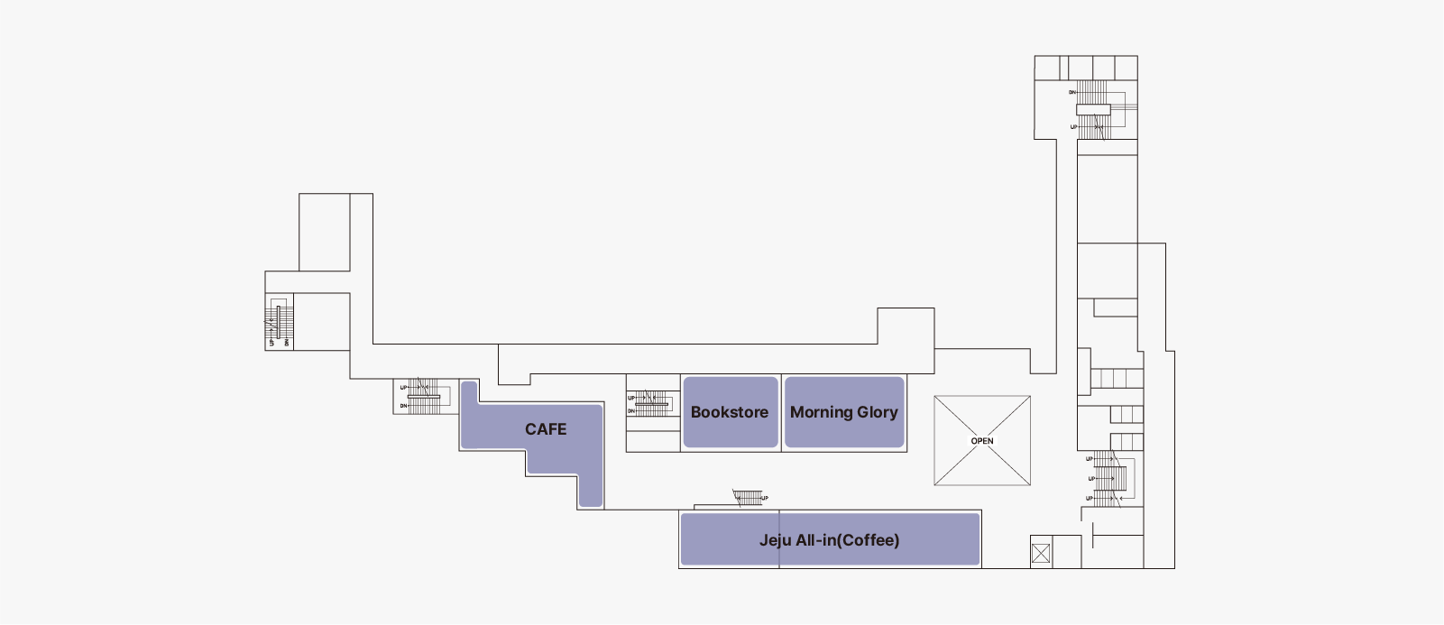 카페 드림, 서점, 모닝글로리, 제주물빵으로 구성되어 있습니다.