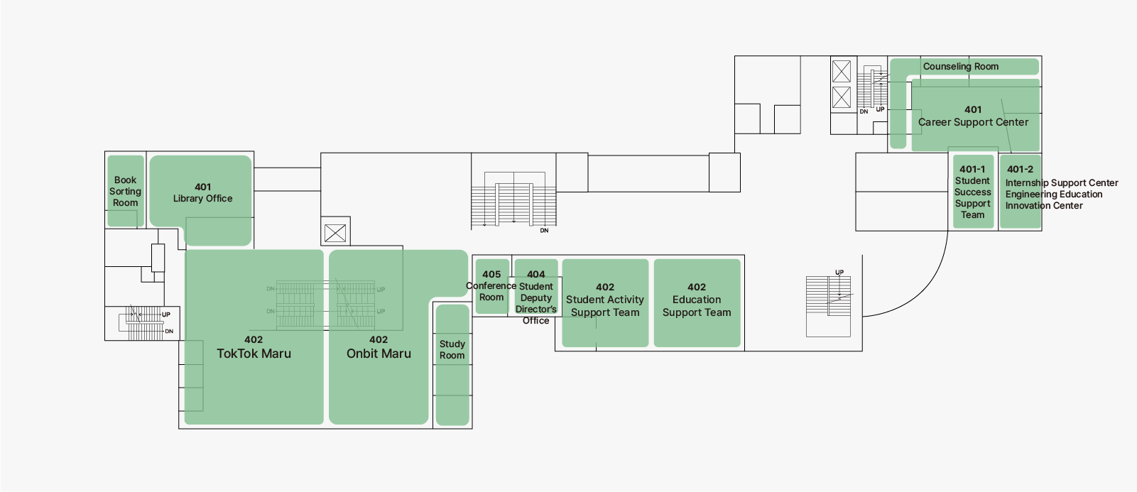 건물 4층에는 도서 정리실, 도서관 사무실, 독톡마루, 온빛마루, 스터디룸, 회의실, 학생부 작성실, 학생활동지원팀, 교육지원팀, 취업지원센터, 학생성공지원팀, 현장실습 지원센터, 교육혁신센터, 상담실이 위치하며, 중앙의 계단과 엘리베이터로 접근이 가능합니다.